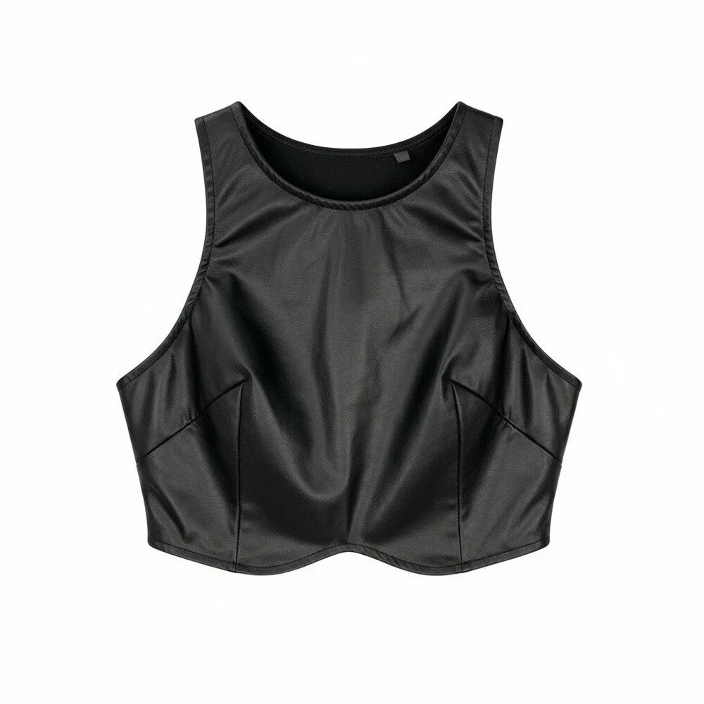 Black Faux Leather Corset Style Crop Top Sleeveless Underbust Size M - Picture 5 of 11